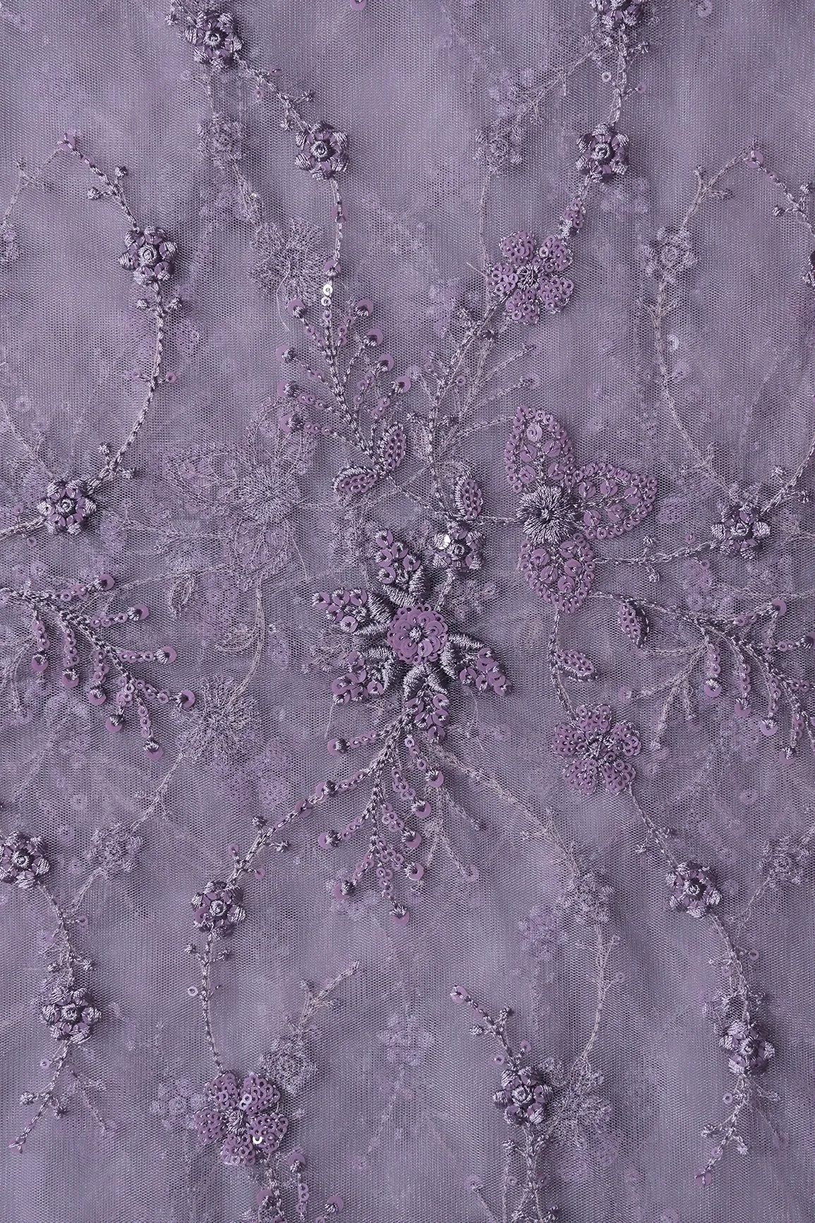 Beautiful Grey Thread With Sequins Floral Embroidery Work On Purple Grey Soft Net Fabric