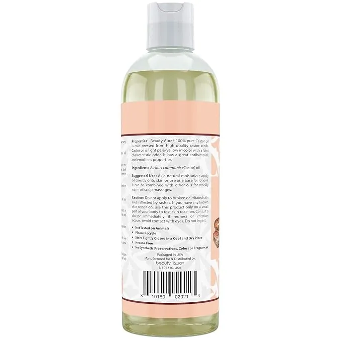 Beauty Aura Castor Oil | 100 % Pure & Cold Pressed | 16 Fl. Oz (473 ml)