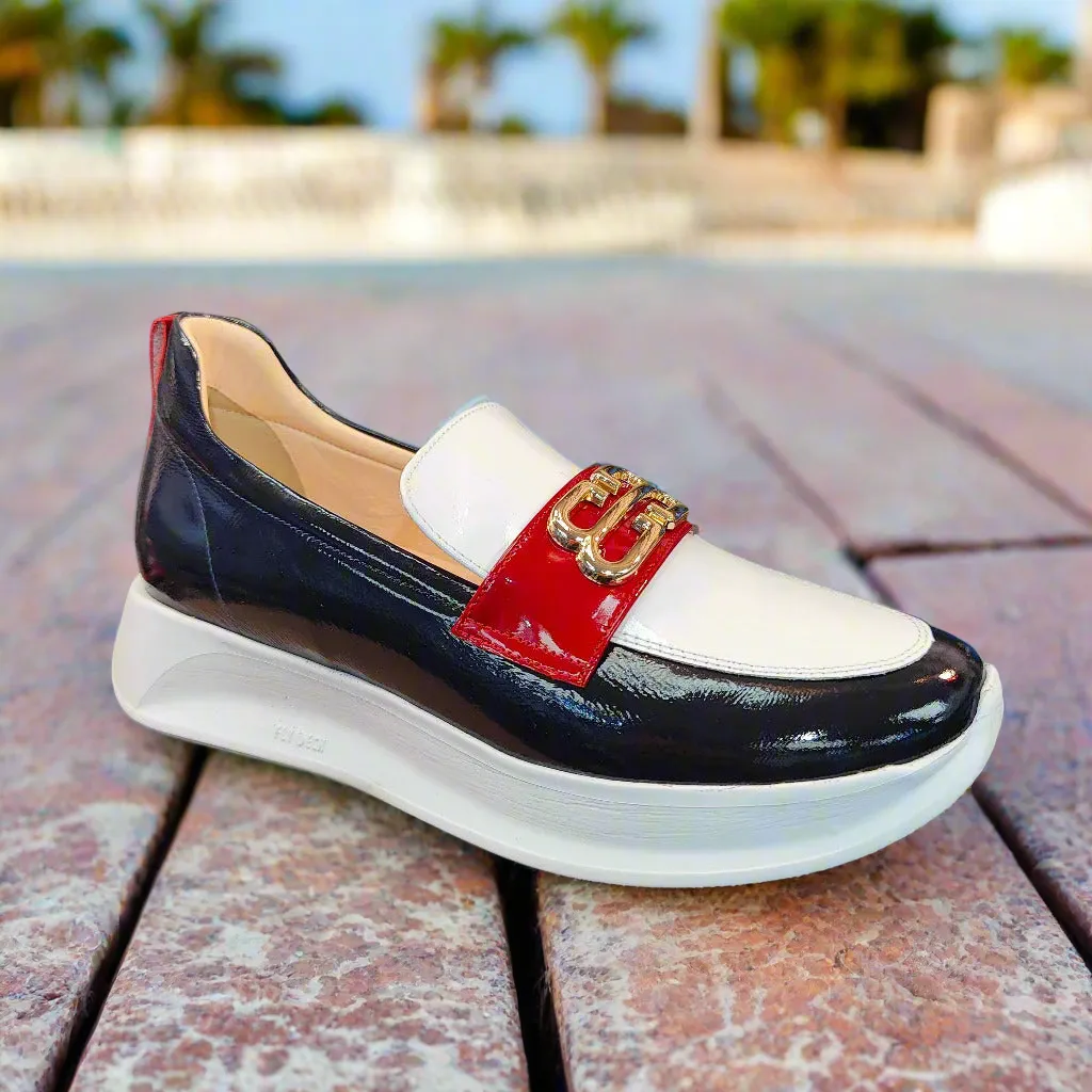 Bioeco Sporty Loafer Red/Navy/White Patent Leather Slip On 6754