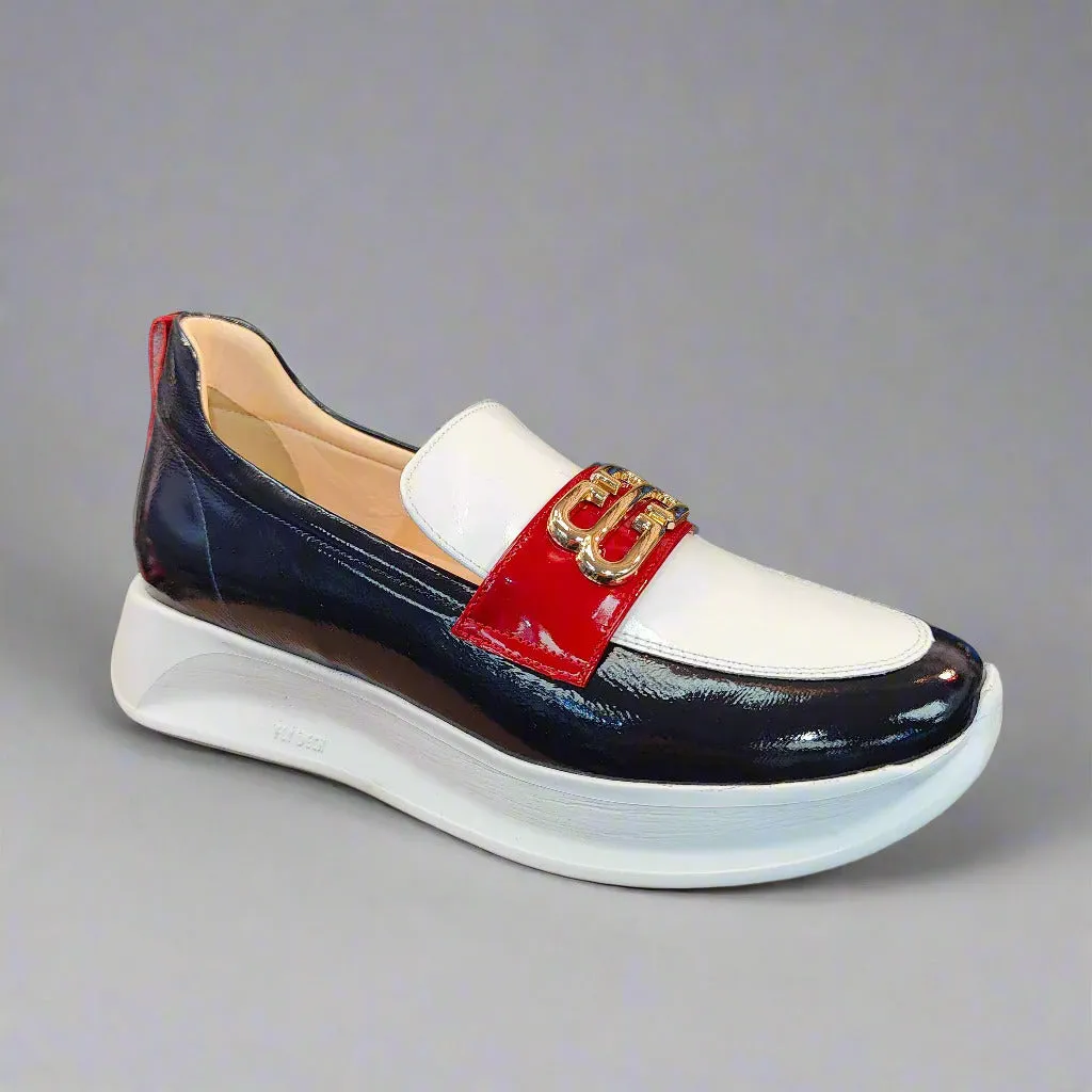 Bioeco Sporty Loafer Red/Navy/White Patent Leather Slip On 6754