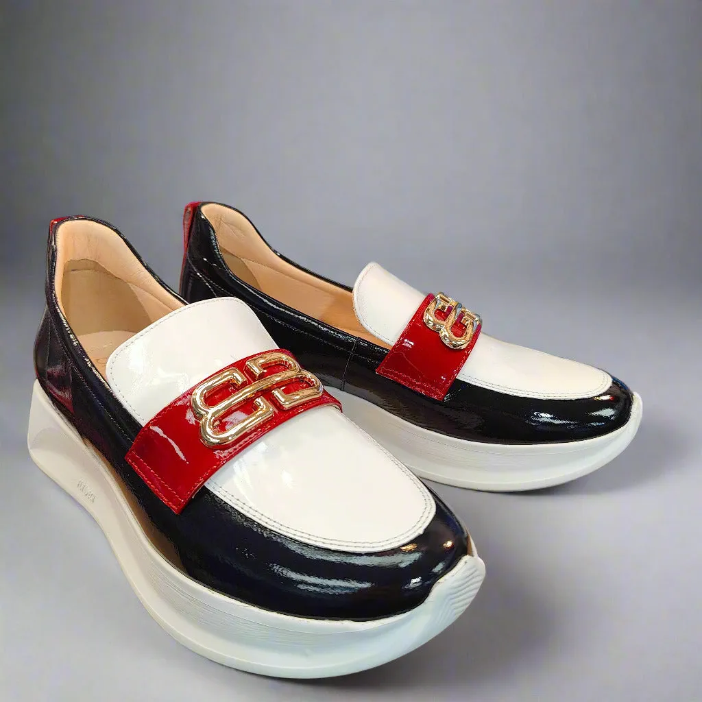 Bioeco Sporty Loafer Red/Navy/White Patent Leather Slip On 6754