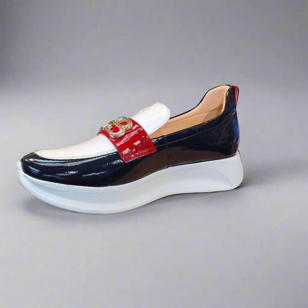 Bioeco Sporty Loafer Red/Navy/White Patent Leather Slip On 6754