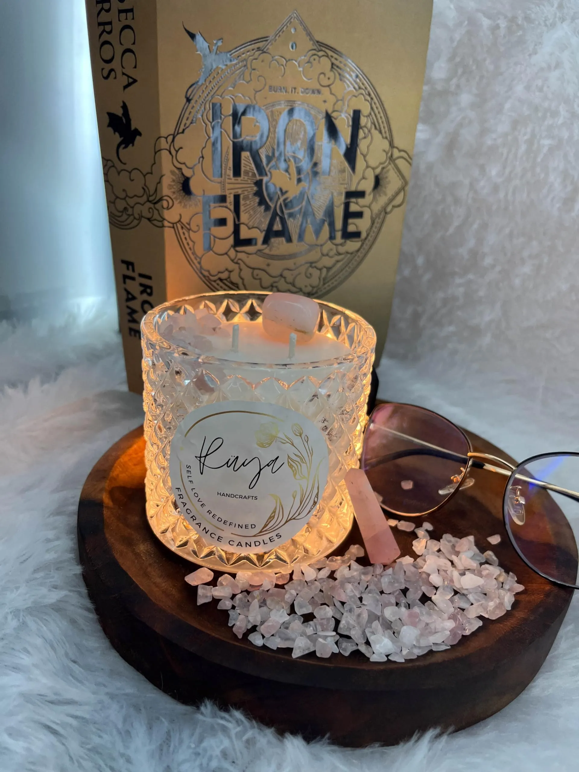 Ella Crystal Jar Single Wick Rose Quartz Stone Candle | Crafted to Radiate Love, Compassion, and Emotional Healing | Drunkenness and The Comforting Scent Love Spell (Lush Nodes)