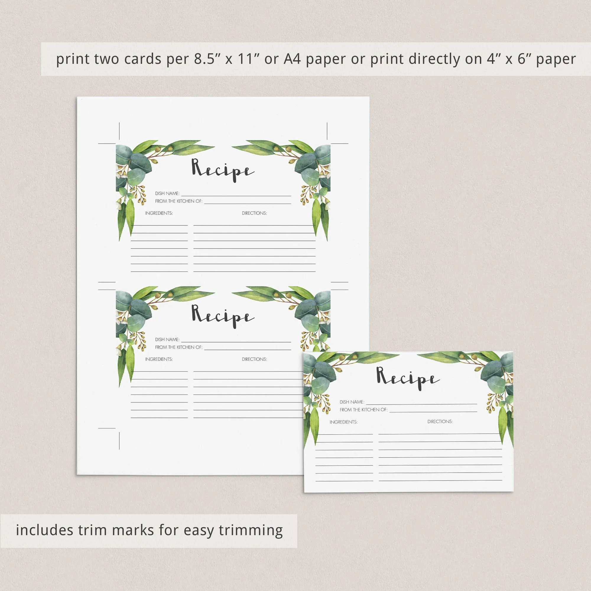 Eucalyptus Leaves Recipe Card Instant Download PDF