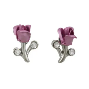 Lavender Rose Bud with Crystal Pierced Earring - PRL105SEP