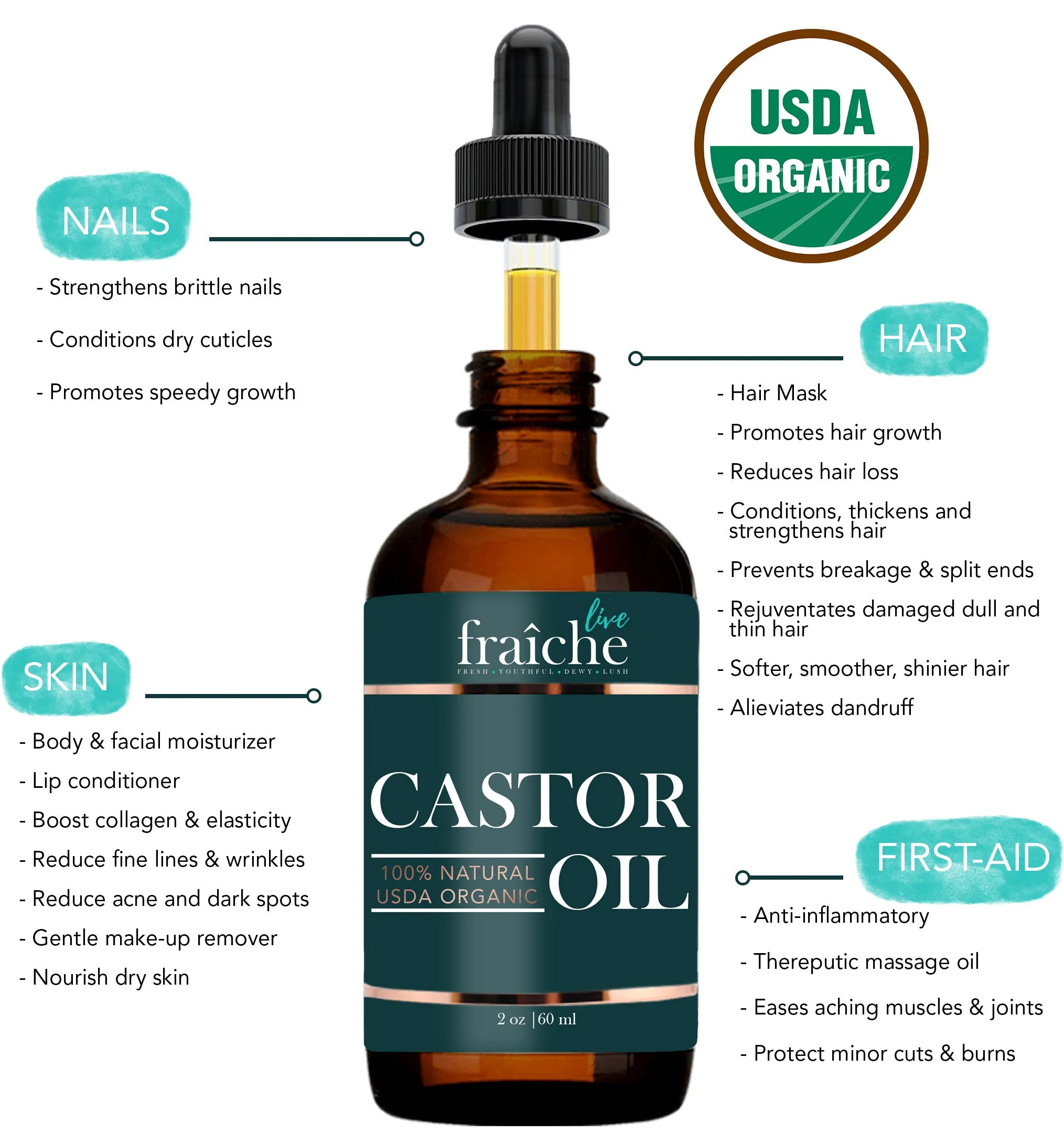 Organic Castor Oil for Hair Skin and Nails (2oz)