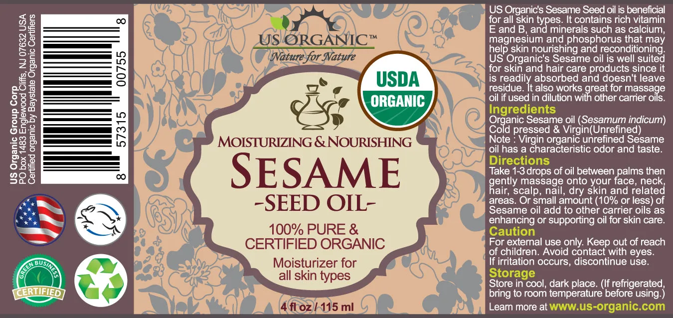 US Organic Sesame Seed Oil, 100% Pure Certified USDA Organic